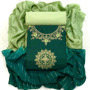 Green Festive Wear Floral Embroidered Cotton Dress Material - Peachmode