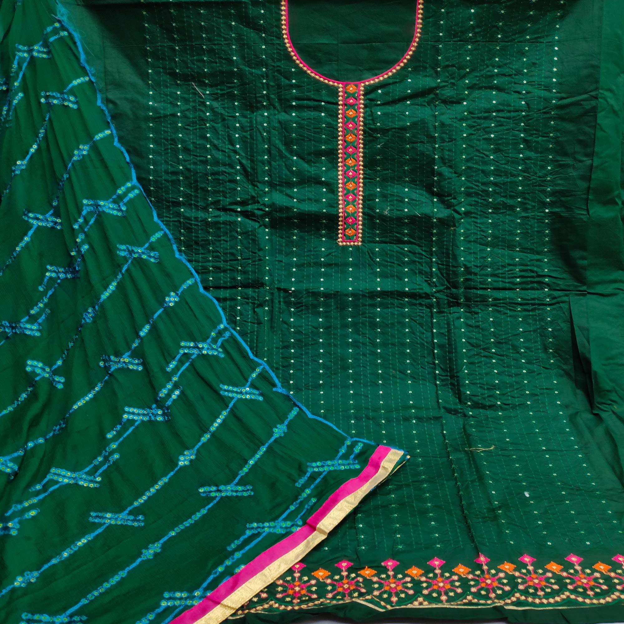 Green Festive Wear Floral Embroidered Cotton Dress Material - Peachmode