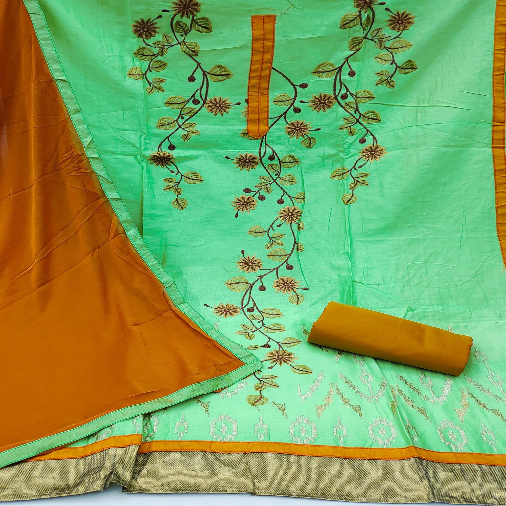 Green Festive Wear Floral Embroidered Cotton Dress Material - Peachmode