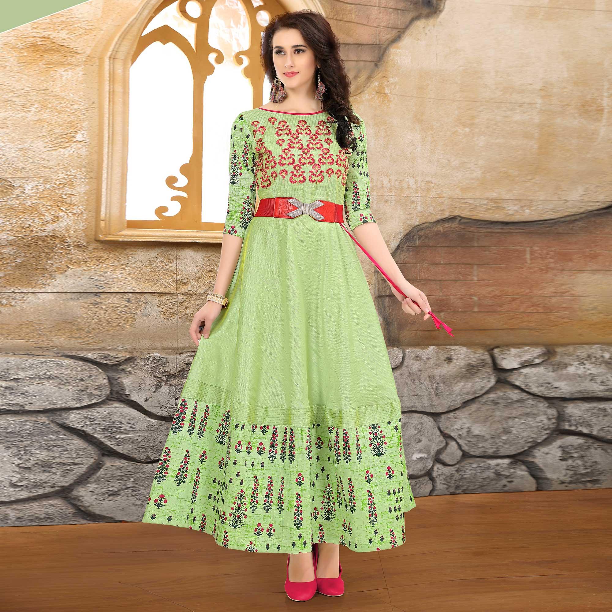 Green Festive Wear Floral Embroidered Fancy Fabric Suit - Peachmode