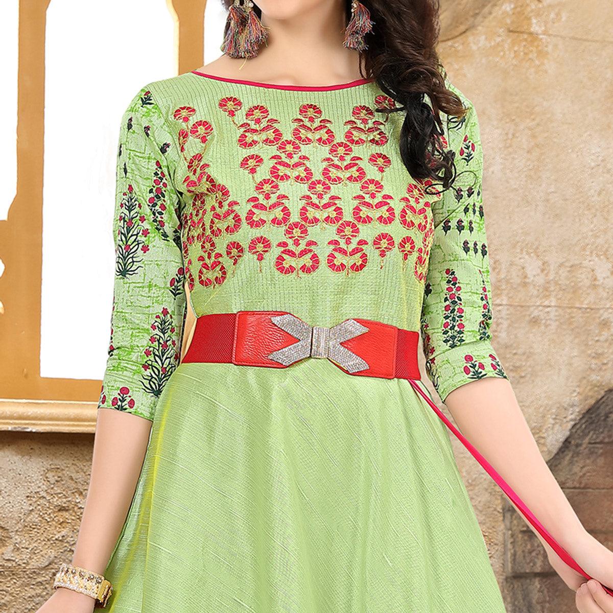 Green Festive Wear Floral Embroidered Fancy Fabric Suit - Peachmode