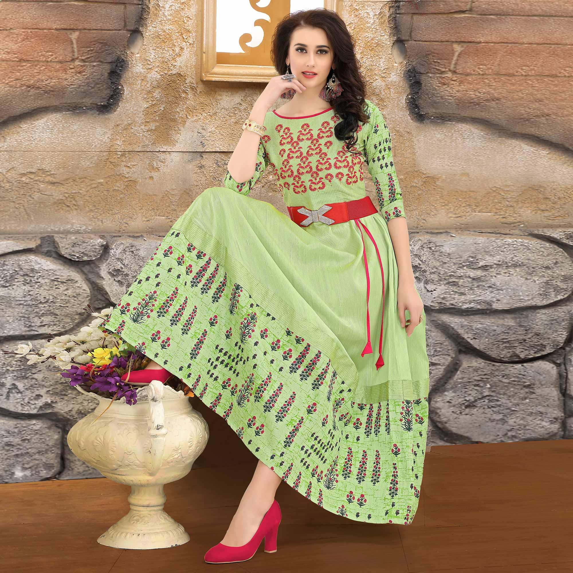 Green Festive Wear Floral Embroidered Fancy Fabric Suit - Peachmode