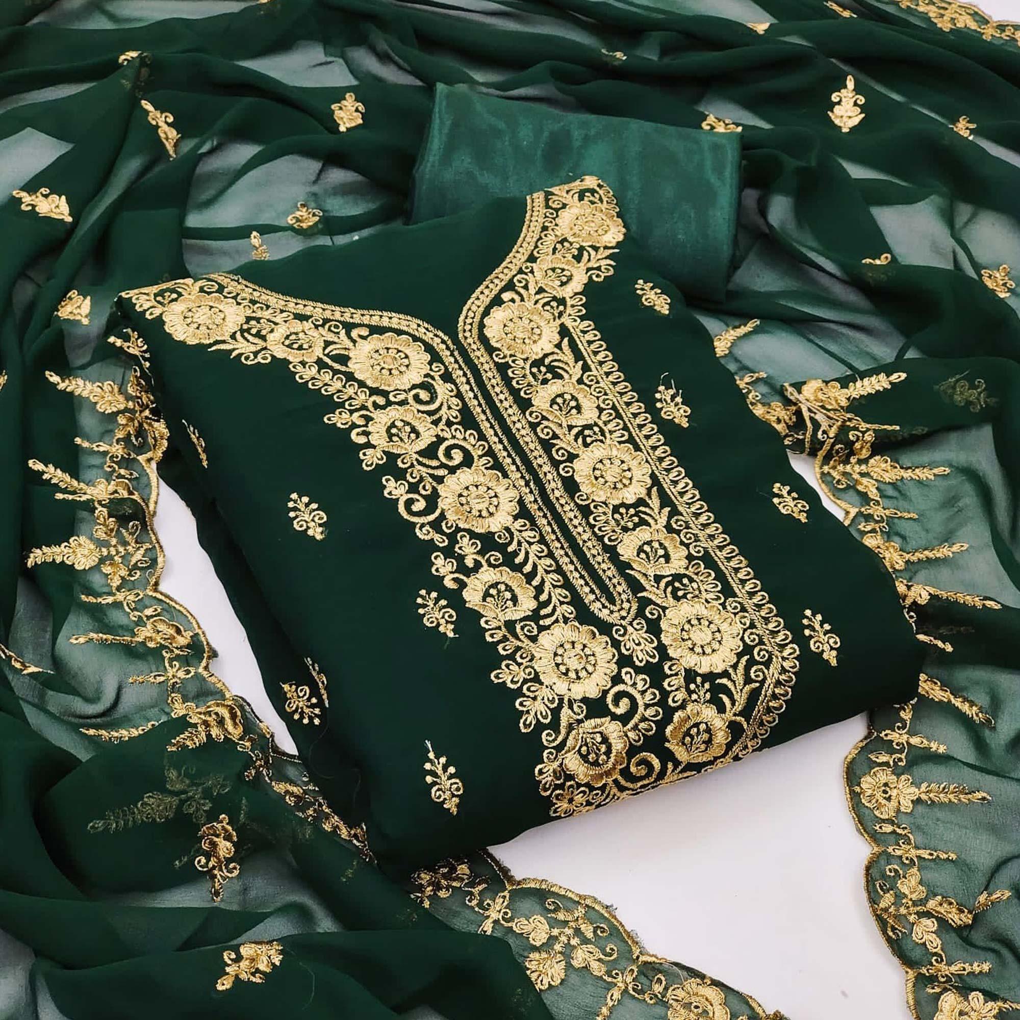 Green Festive Wear Floral Embroidered Georgette Dress Material - Peachmode