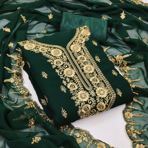 Green Festive Wear Floral Embroidered Georgette Dress Material - Peachmode