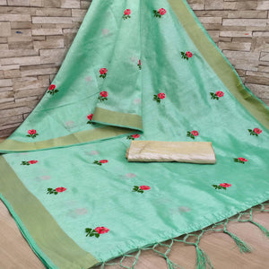 Green Festive Wear Floral Embroidered Manipuri Silk Saree With Tassels - Peachmode