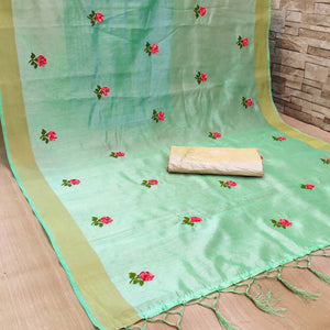 Green Festive Wear Floral Embroidered Manipuri Silk Saree With Tassels - Peachmode