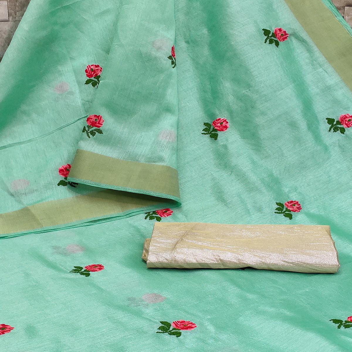 Green Festive Wear Floral Embroidered Manipuri Silk Saree With Tassels - Peachmode