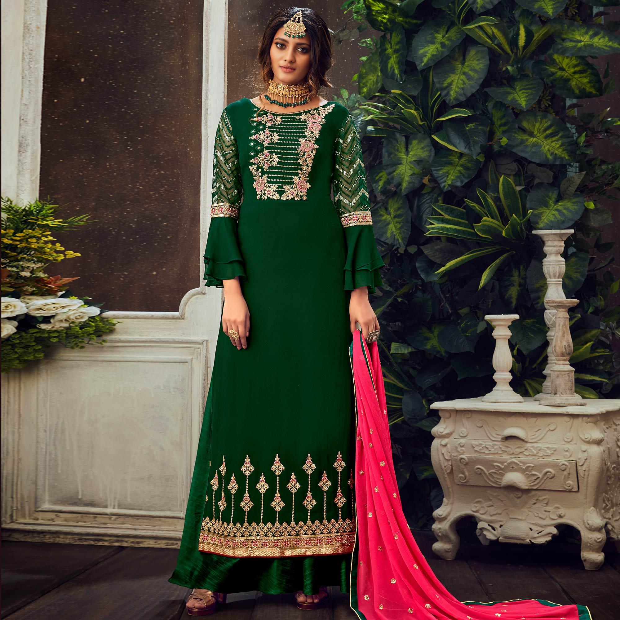 Green Festive Wear Floral Embroidered Pure Georgette Suit - Peachmode