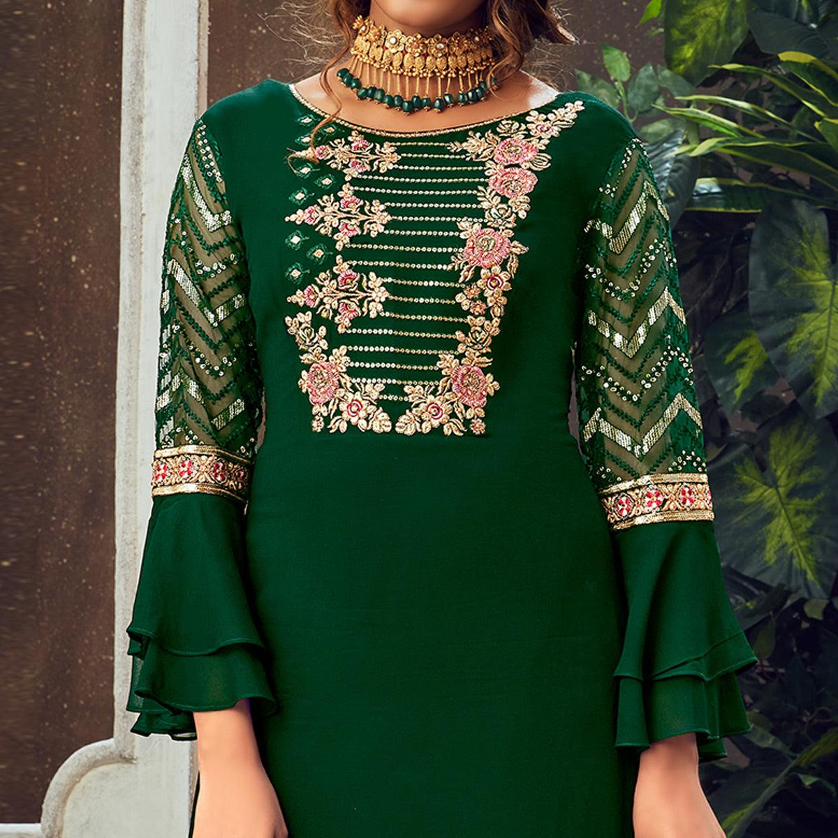 Green Festive Wear Floral Embroidered Pure Georgette Suit - Peachmode