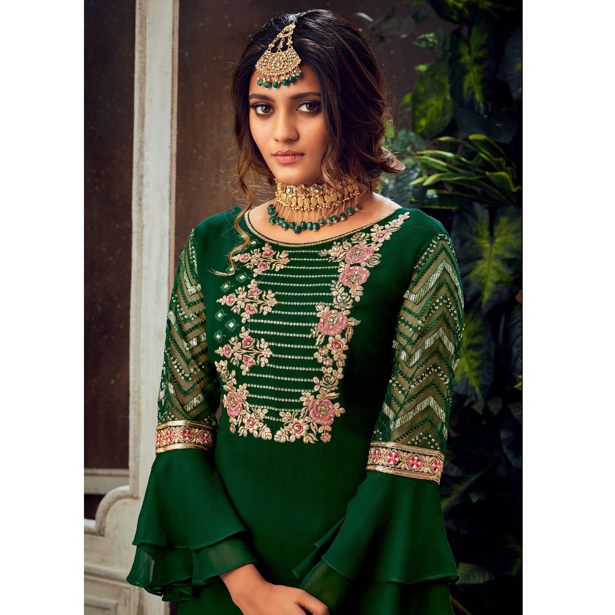 Green Festive Wear Floral Embroidered Pure Georgette Suit - Peachmode