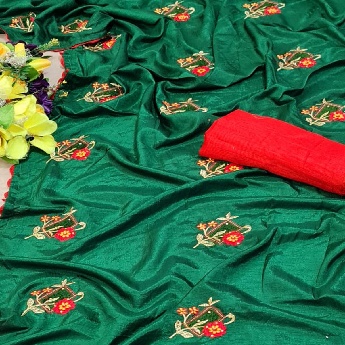 Green Festive Wear Floral Embroidered With Diamond Dola Silk Saree - Peachmode