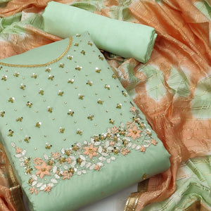 Green Festive Wear Floral Handwork Modal Chanderi Dress Material - Peachmode