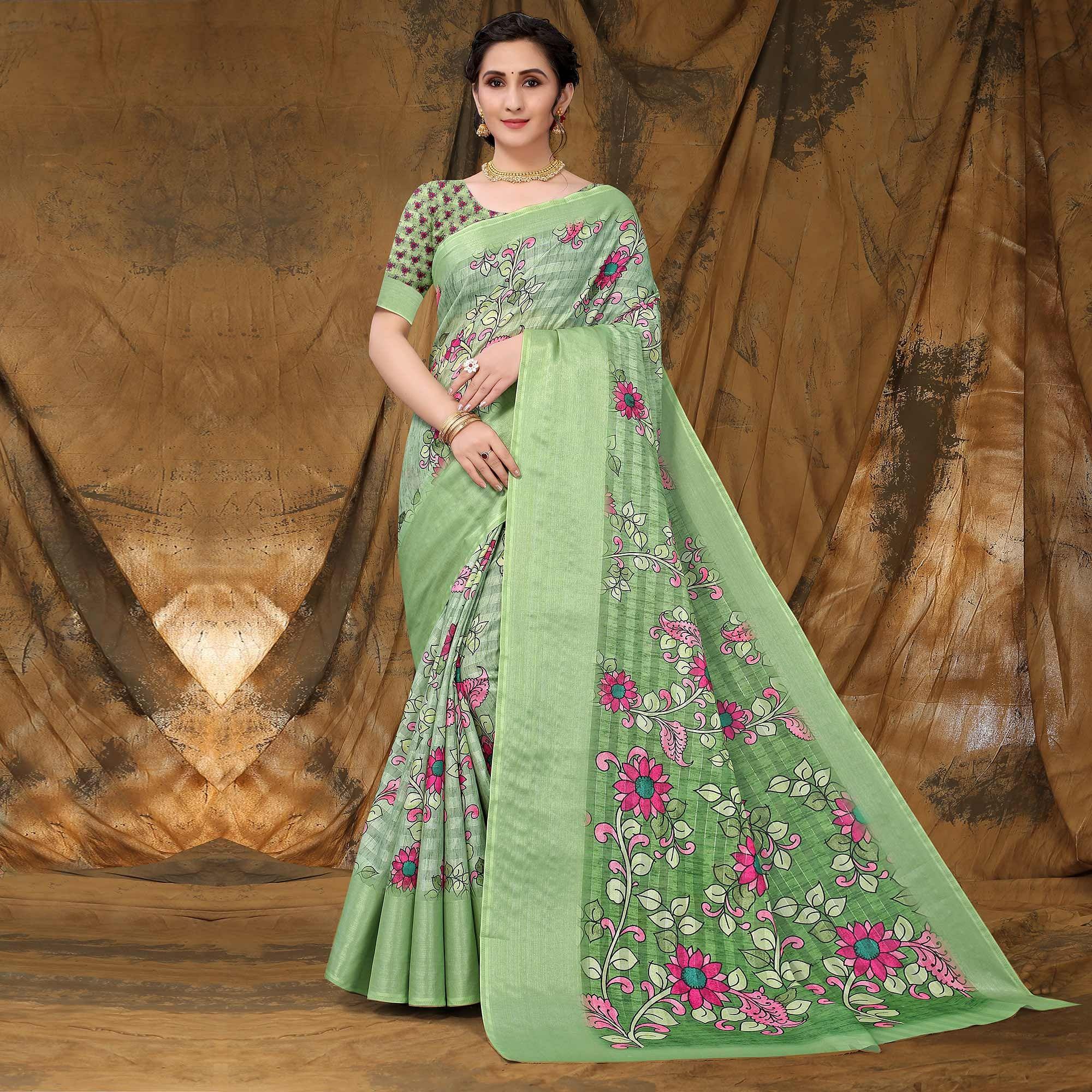 Green Festive Wear Floral Printed Art Silk Saree - Peachmode