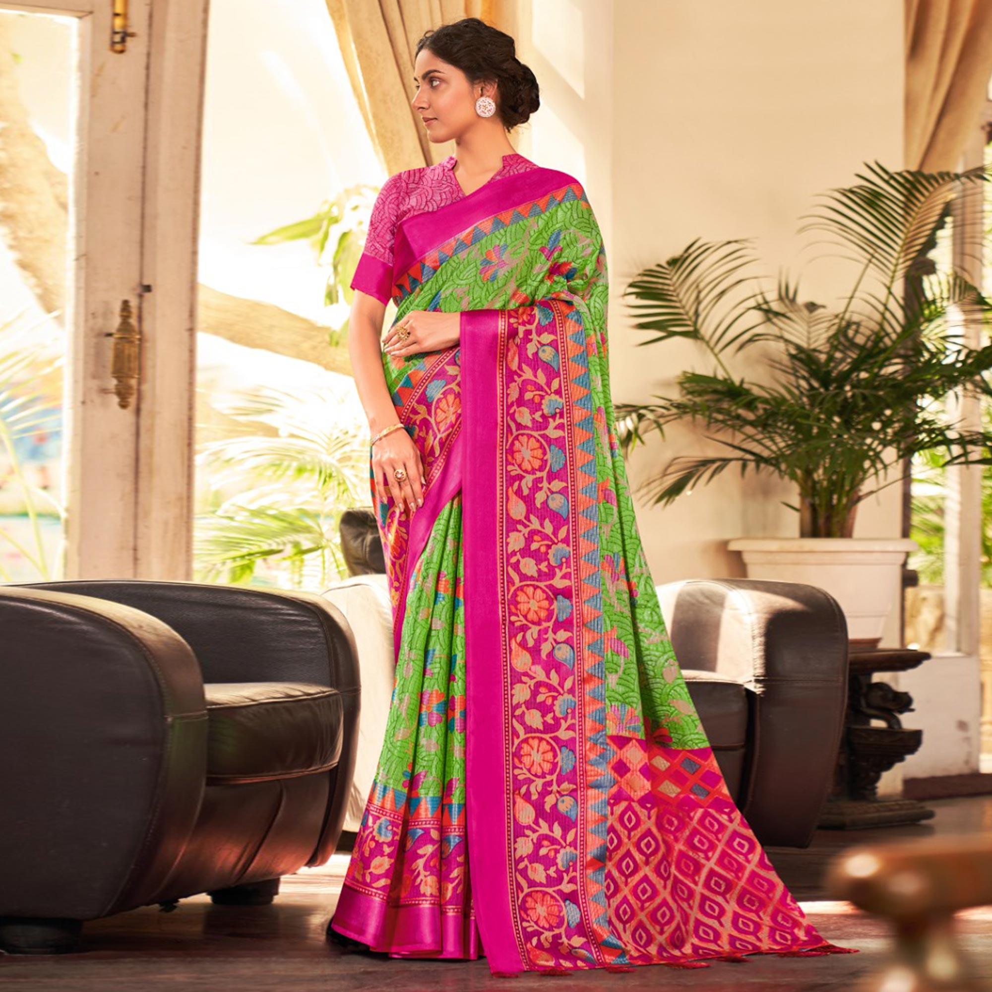 Green Festive Wear Floral Printed Brasso Saree - Peachmode