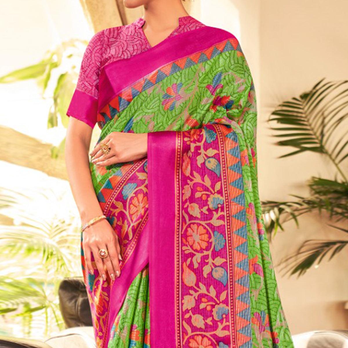 Green Festive Wear Floral Printed Brasso Saree - Peachmode
