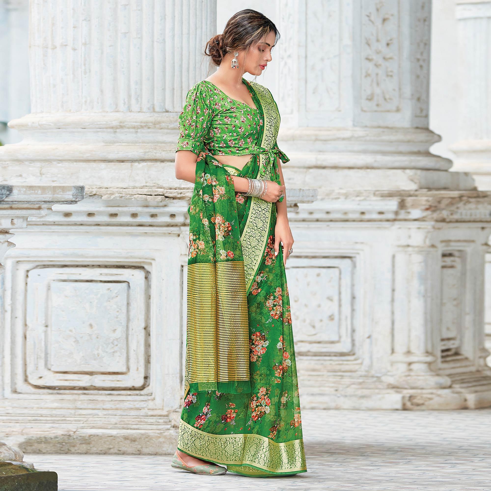 Green Festive Wear Floral Printed Organza Saree - Peachmode