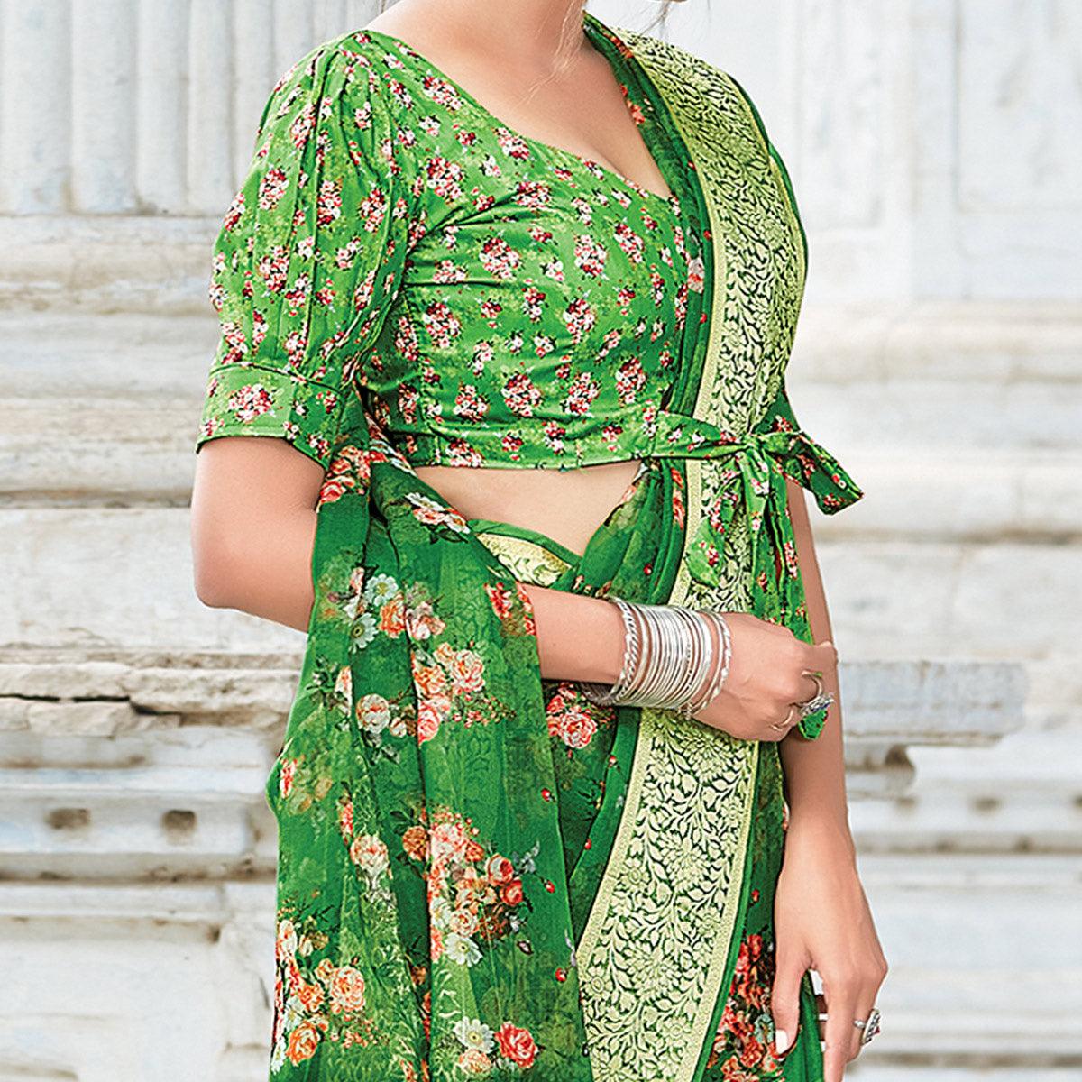 Green Festive Wear Floral Printed Organza Saree - Peachmode
