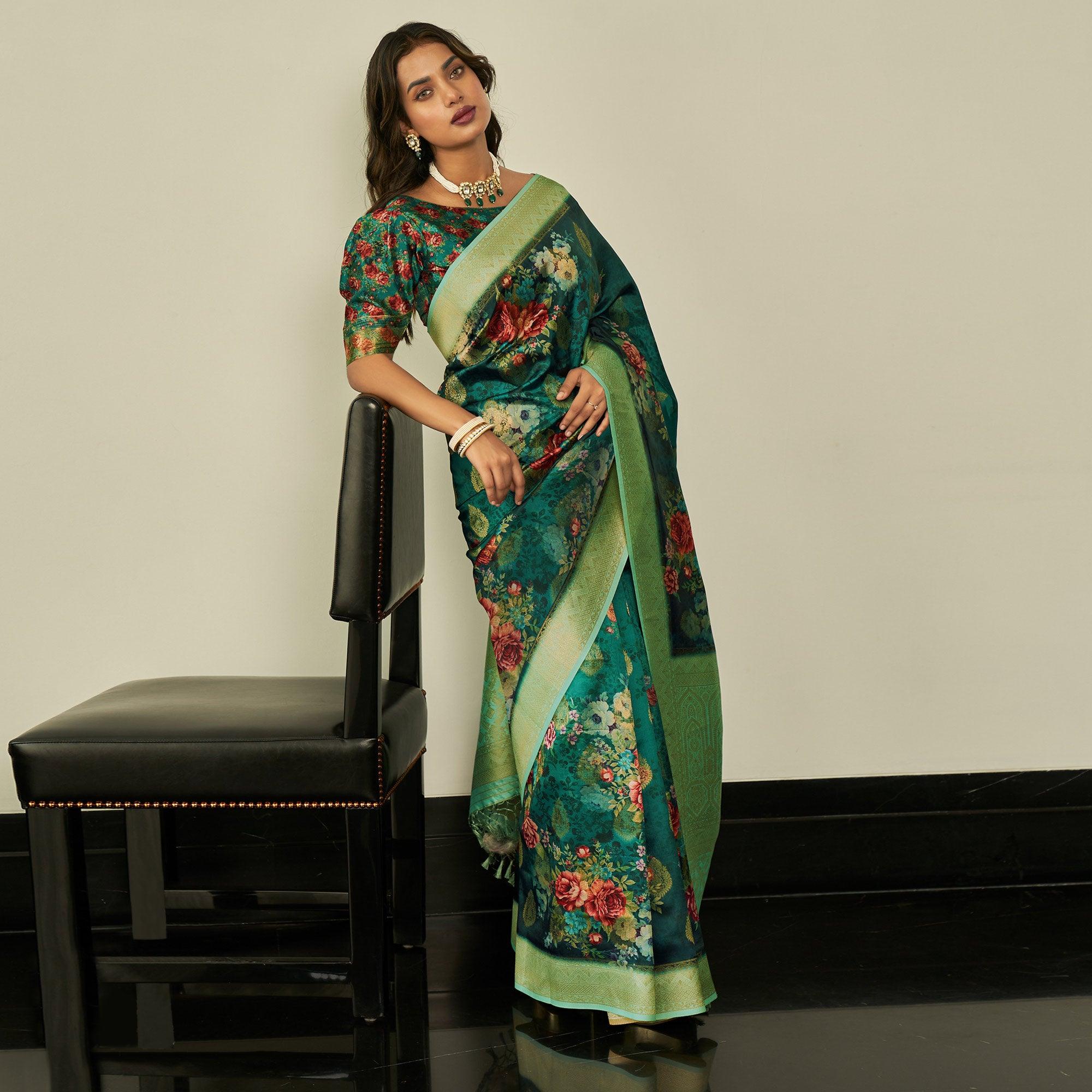 Green Festive Wear Floral Printed Silk Saree With Woven Border - Peachmode