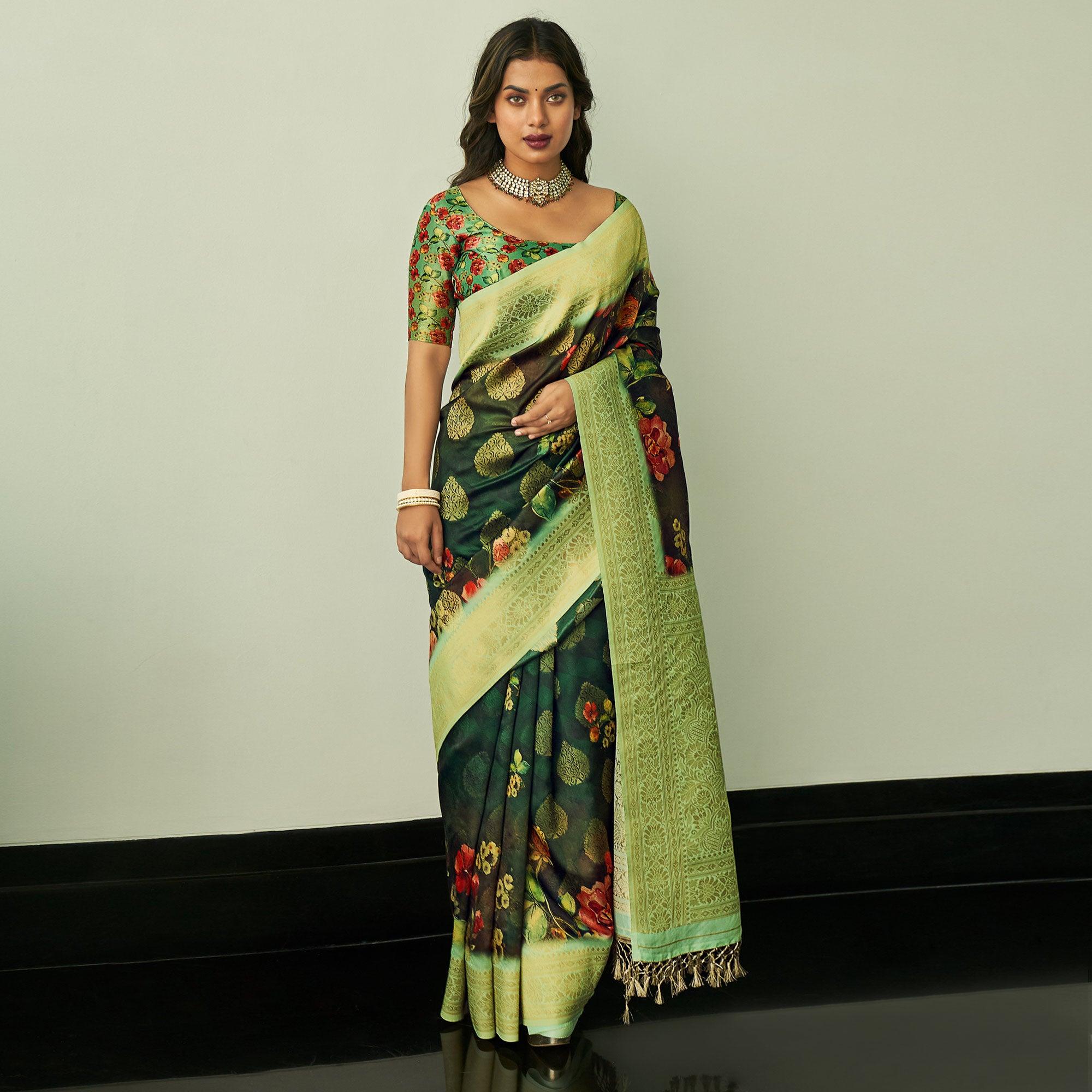 Green Festive Wear Floral Printed Silk Saree With Woven Border - Peachmode