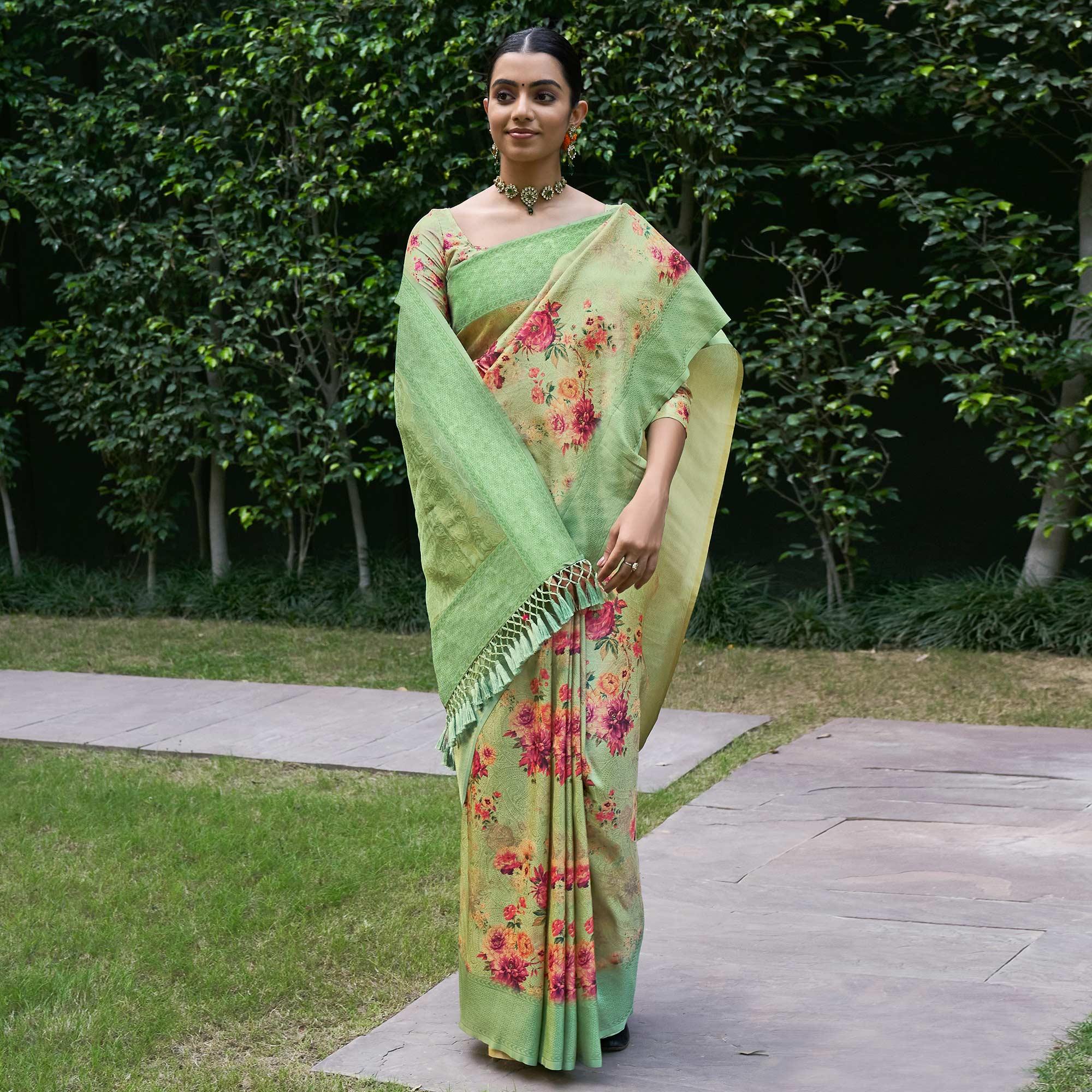 Green Festive Wear Floral Printed Silk Saree With Woven Border - Peachmode