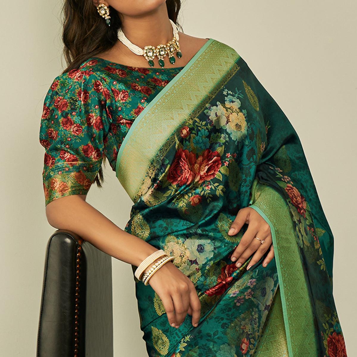 Green Festive Wear Floral Printed Silk Saree With Woven Border - Peachmode