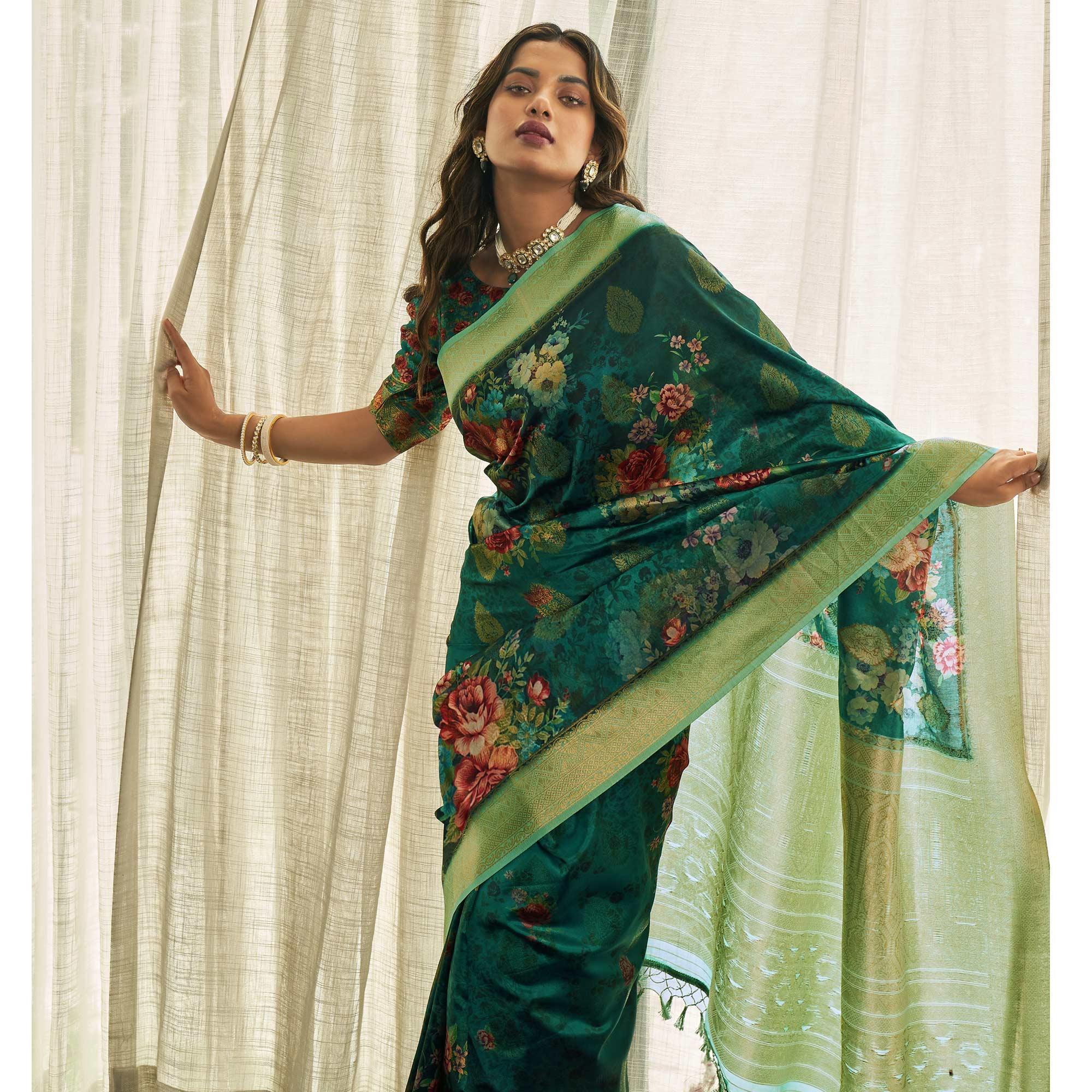 Green Festive Wear Floral Printed Silk Saree With Woven Border - Peachmode