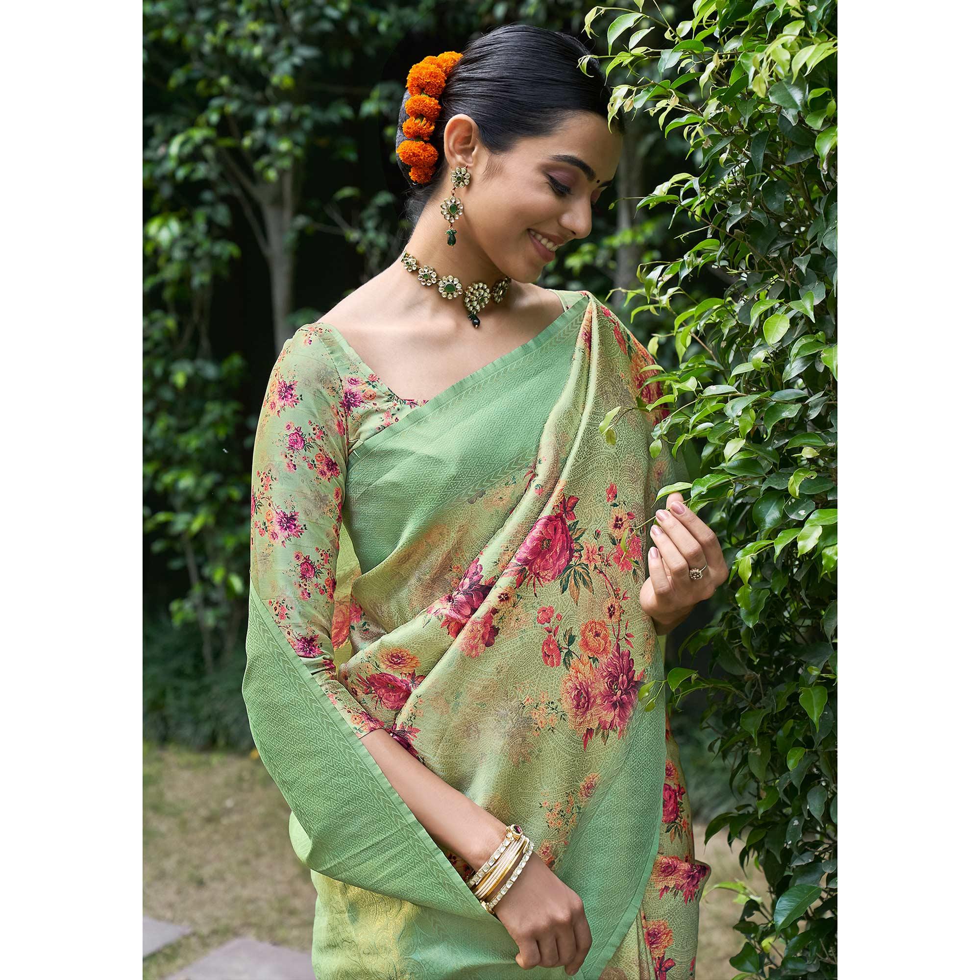 Green Festive Wear Floral Printed Silk Saree With Woven Border - Peachmode