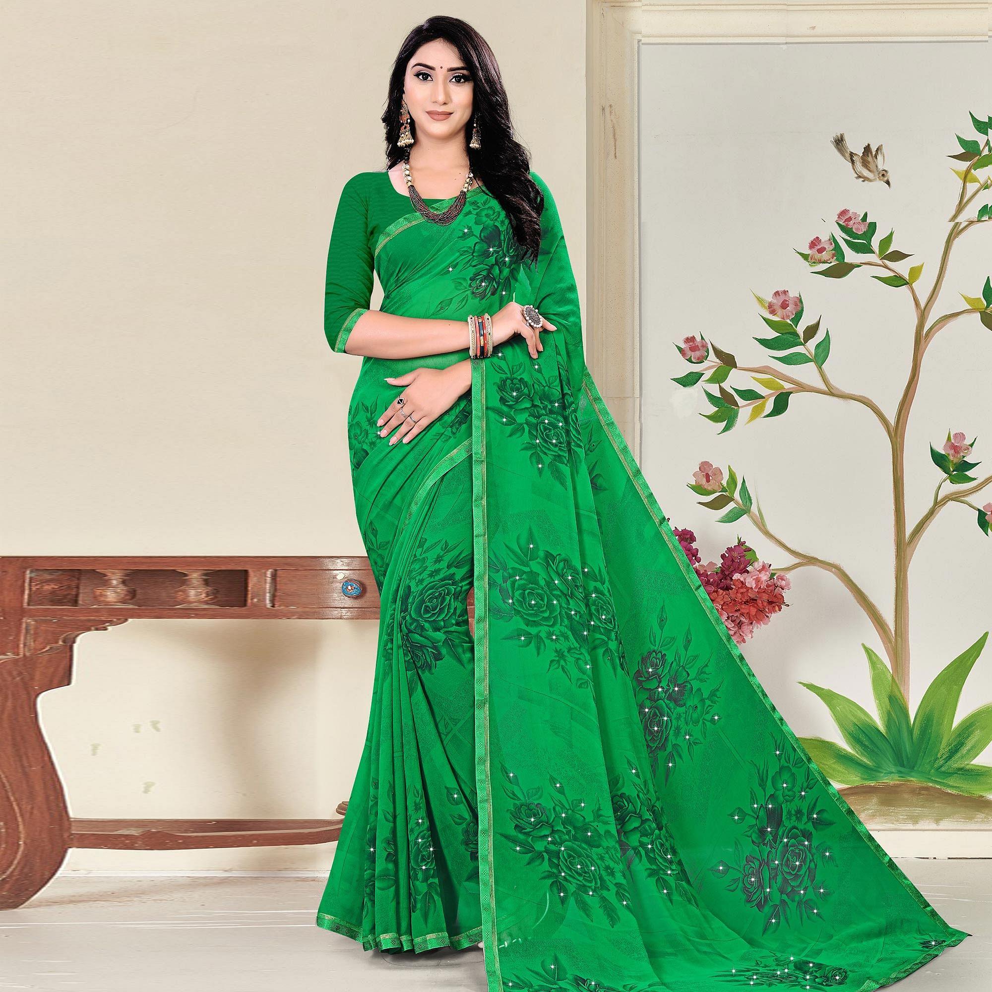 Green Festive Wear Floral Printed With Lace Work Georgette Designer Saree - Peachmode
