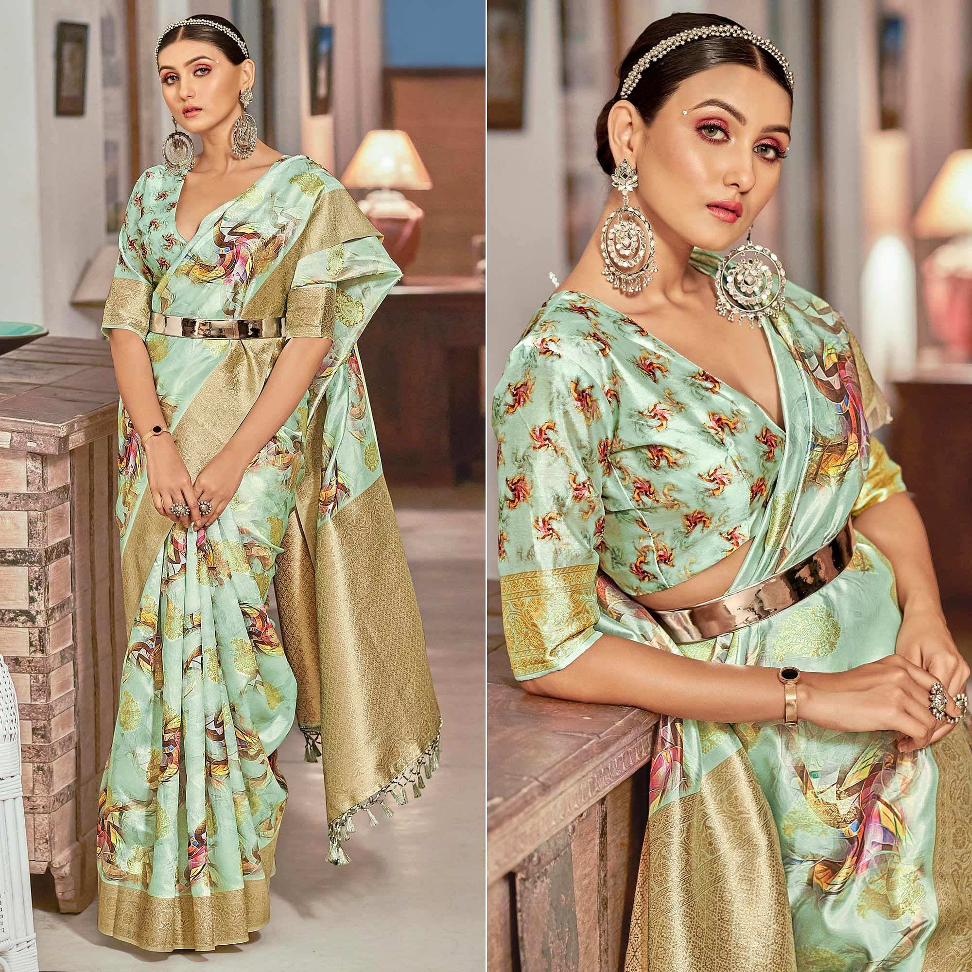 Green Festive Wear Floral Printed With Woven With Woven Jacquard Saree - Peachmode