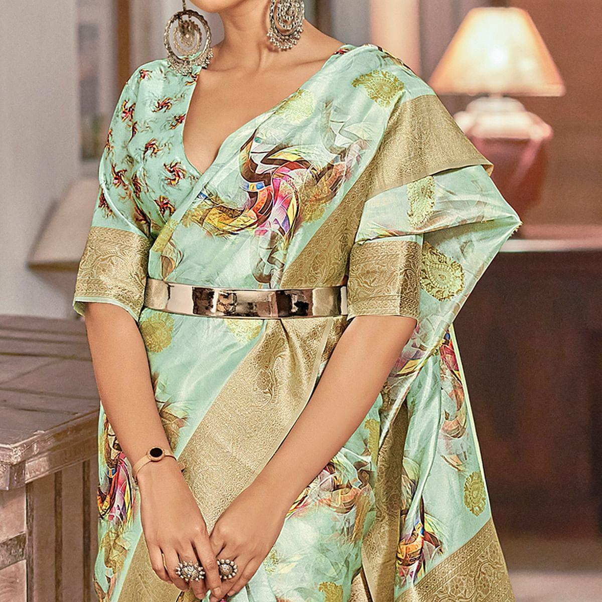Green Festive Wear Floral Printed With Woven With Woven Jacquard Saree - Peachmode