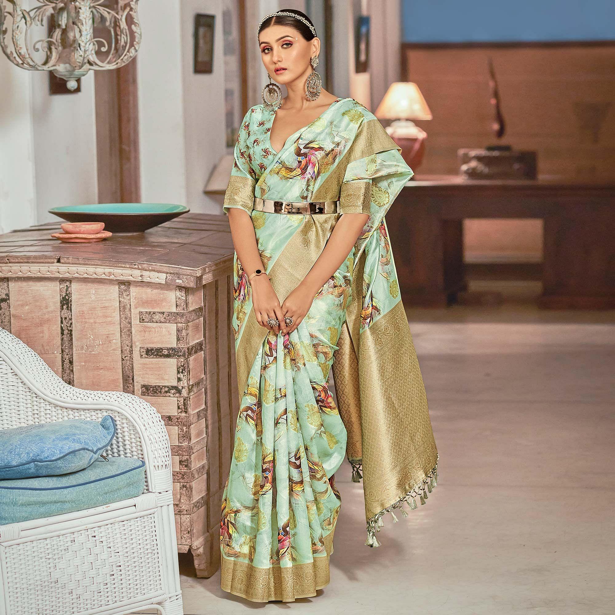 Green Festive Wear Floral Printed With Woven With Woven Jacquard Saree - Peachmode