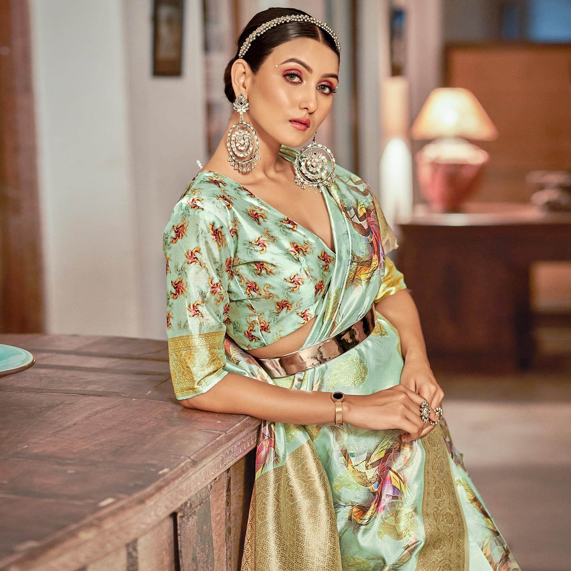 Green Festive Wear Floral Printed With Woven With Woven Jacquard Saree - Peachmode