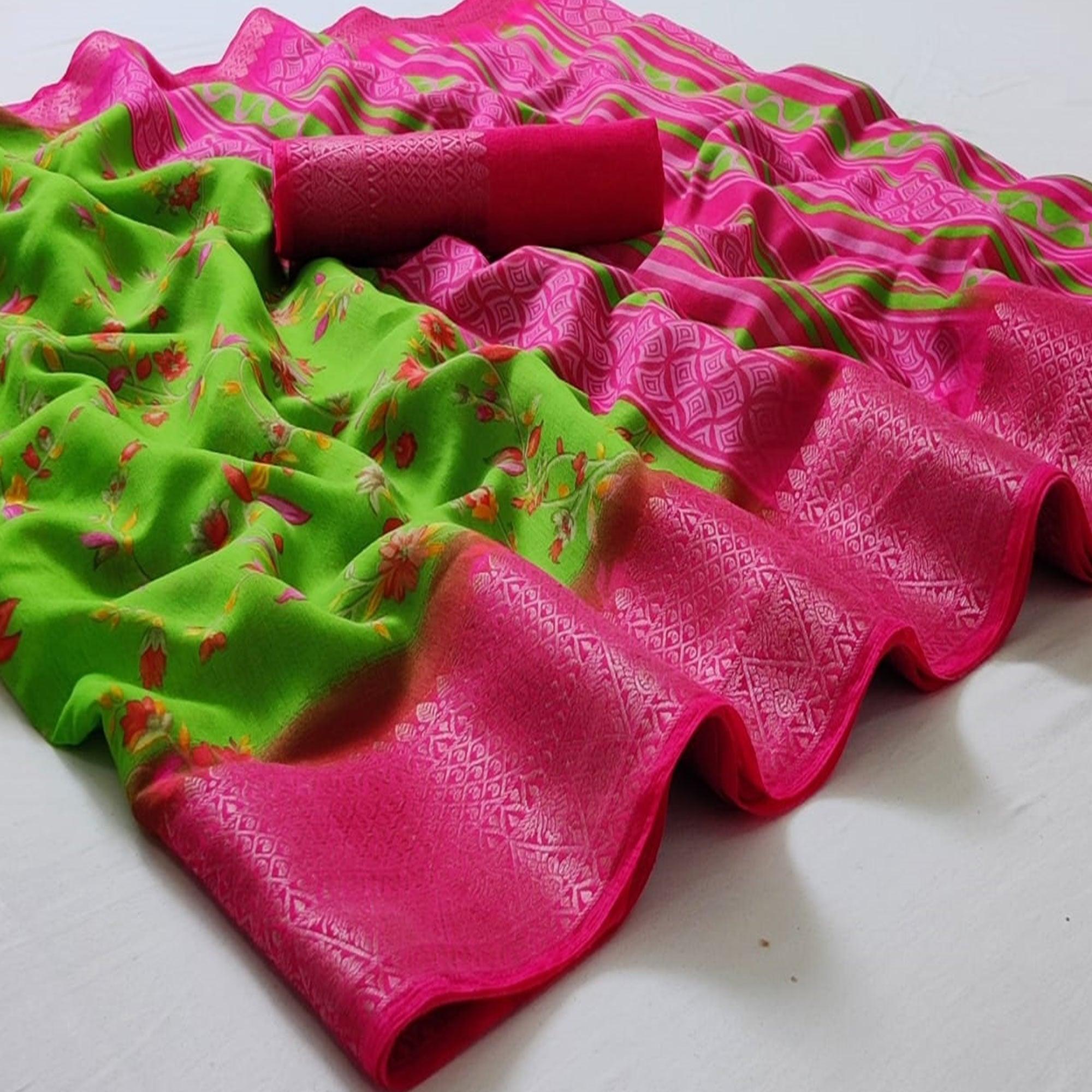 Green Festive Wear Floral Printed Woven Border Linen Cotton Saree - Peachmode