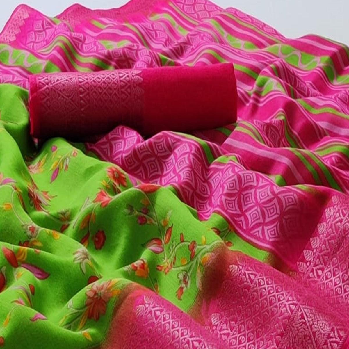 Green Festive Wear Floral Printed Woven Border Linen Cotton Saree - Peachmode