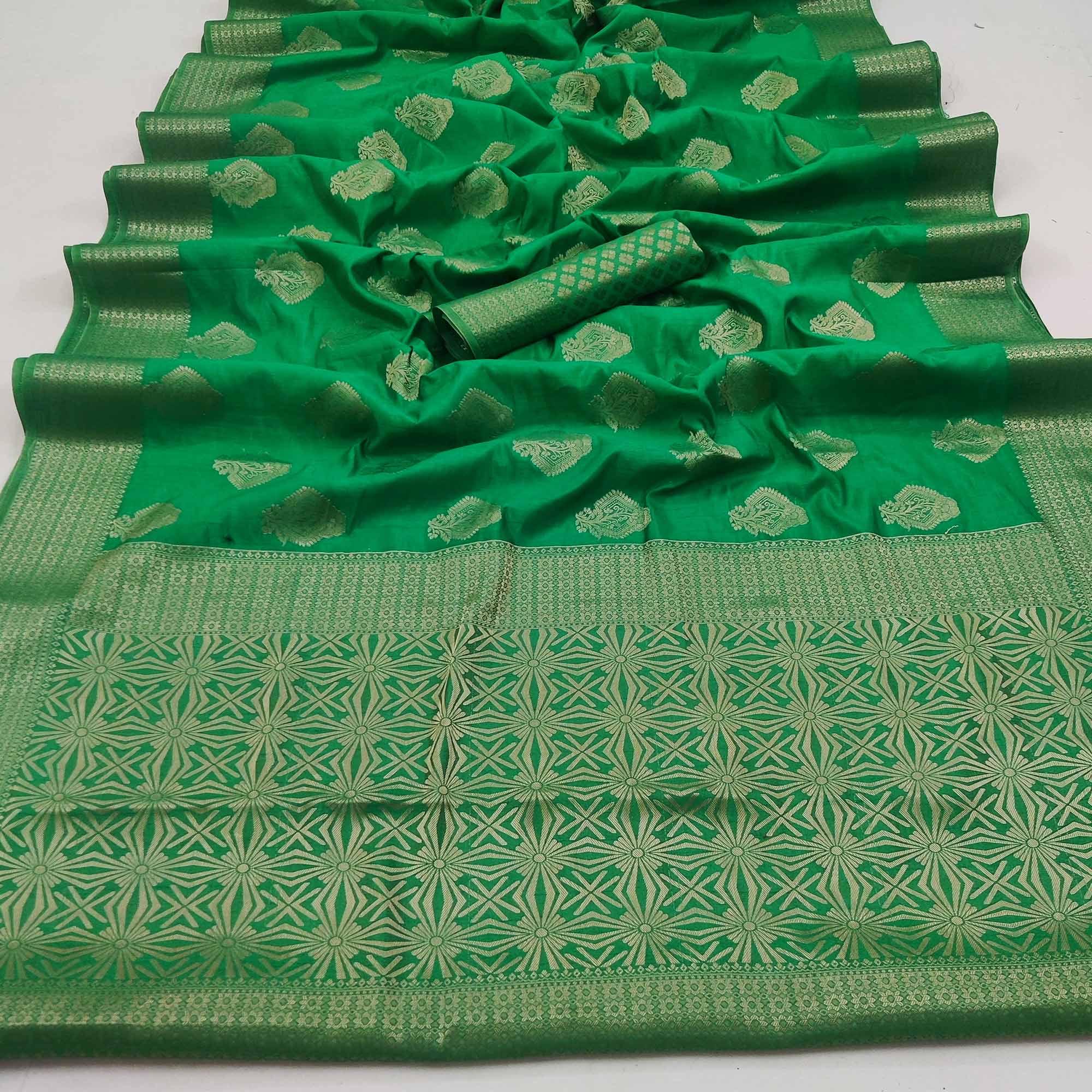 Green Festive Wear Floral Woven Art Silk Saree - Peachmode