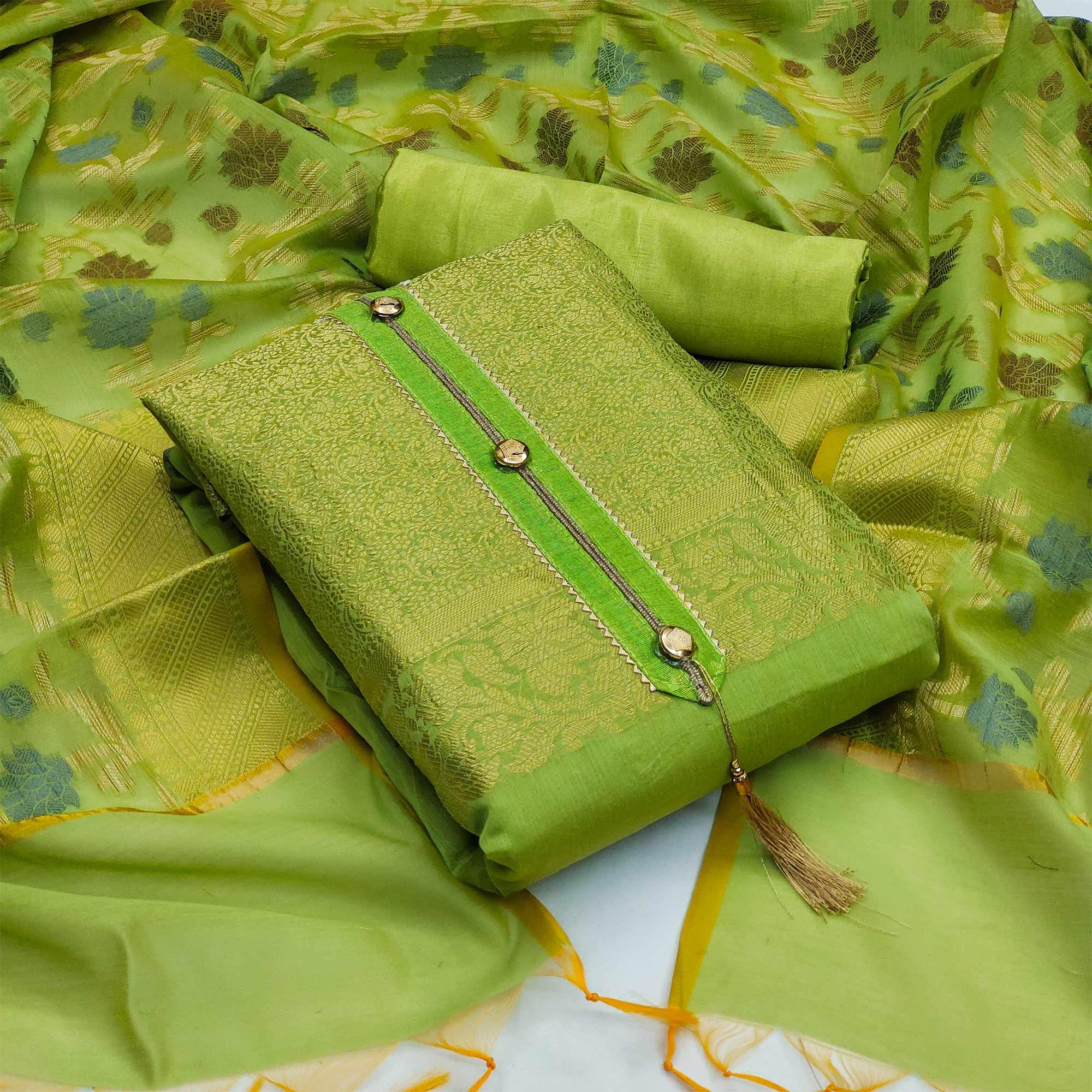 Green Festive Wear Floral Woven Banarasi Silk Jacquard Dress Material - Peachmode