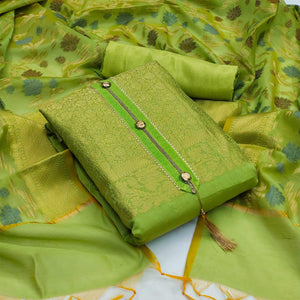Green Festive Wear Floral Woven Banarasi Silk Jacquard Dress Material - Peachmode