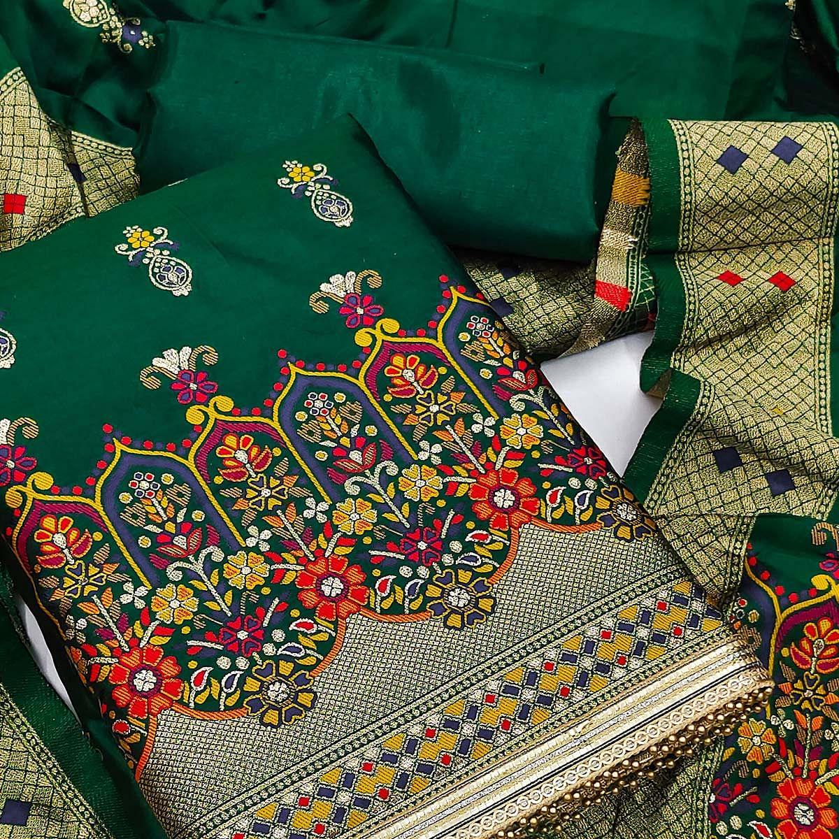 Green Festive Wear Floral Woven Banarasi Silk Jacquard Dress Material - Peachmode