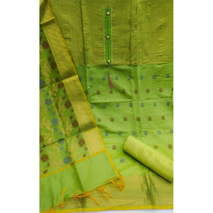 Green Festive Wear Floral Woven Banarasi Silk Jacquard Dress Material - Peachmode