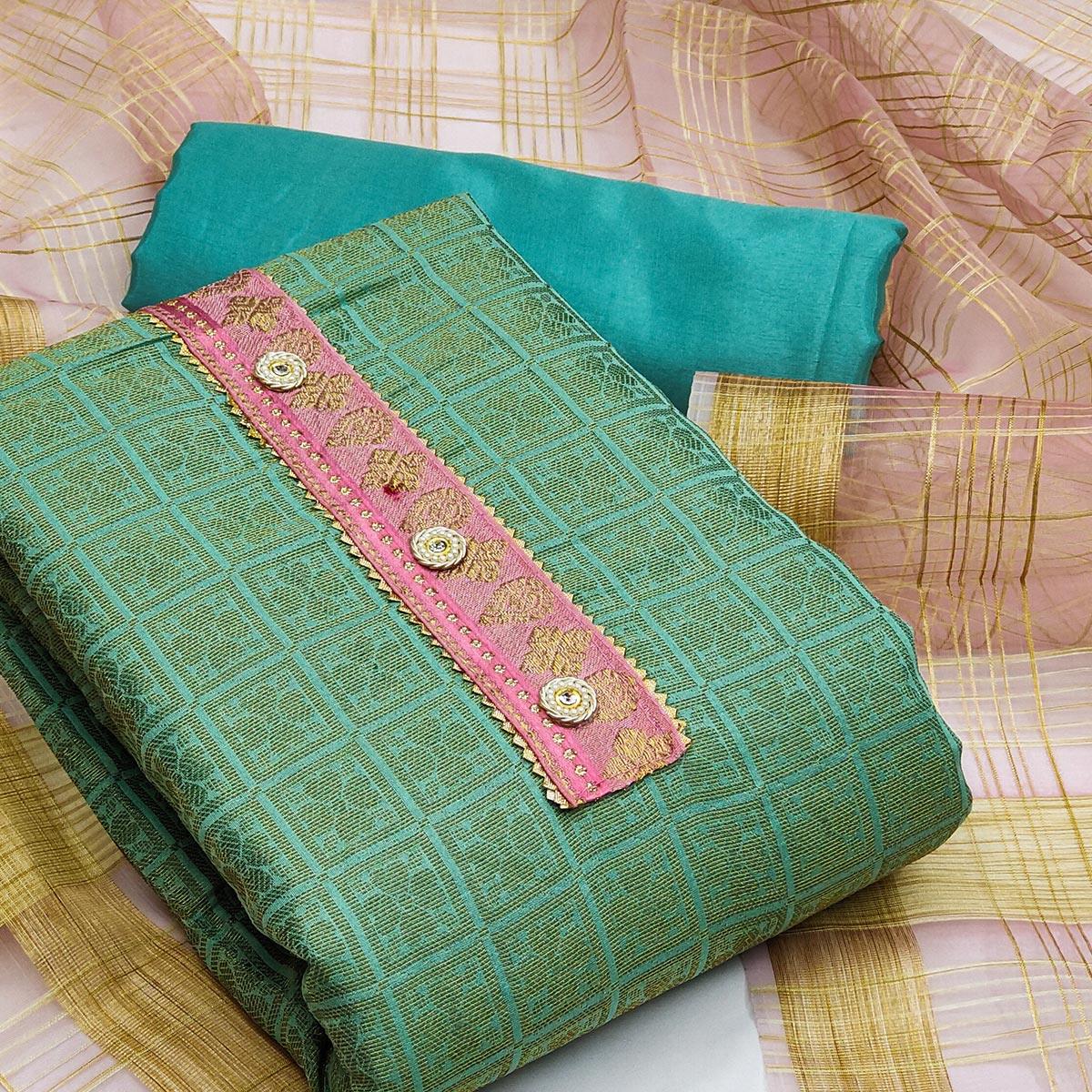 Green Festive Wear Floral Woven Banarasi Silk Jacquard Dress Material - Peachmode