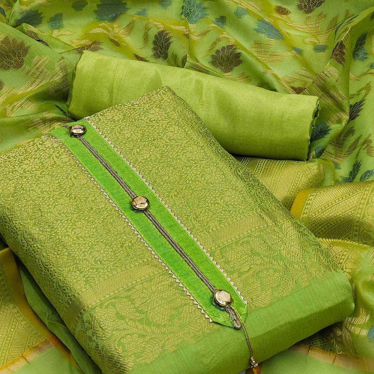 Green Festive Wear Floral Woven Banarasi Silk Jacquard Dress Material - Peachmode