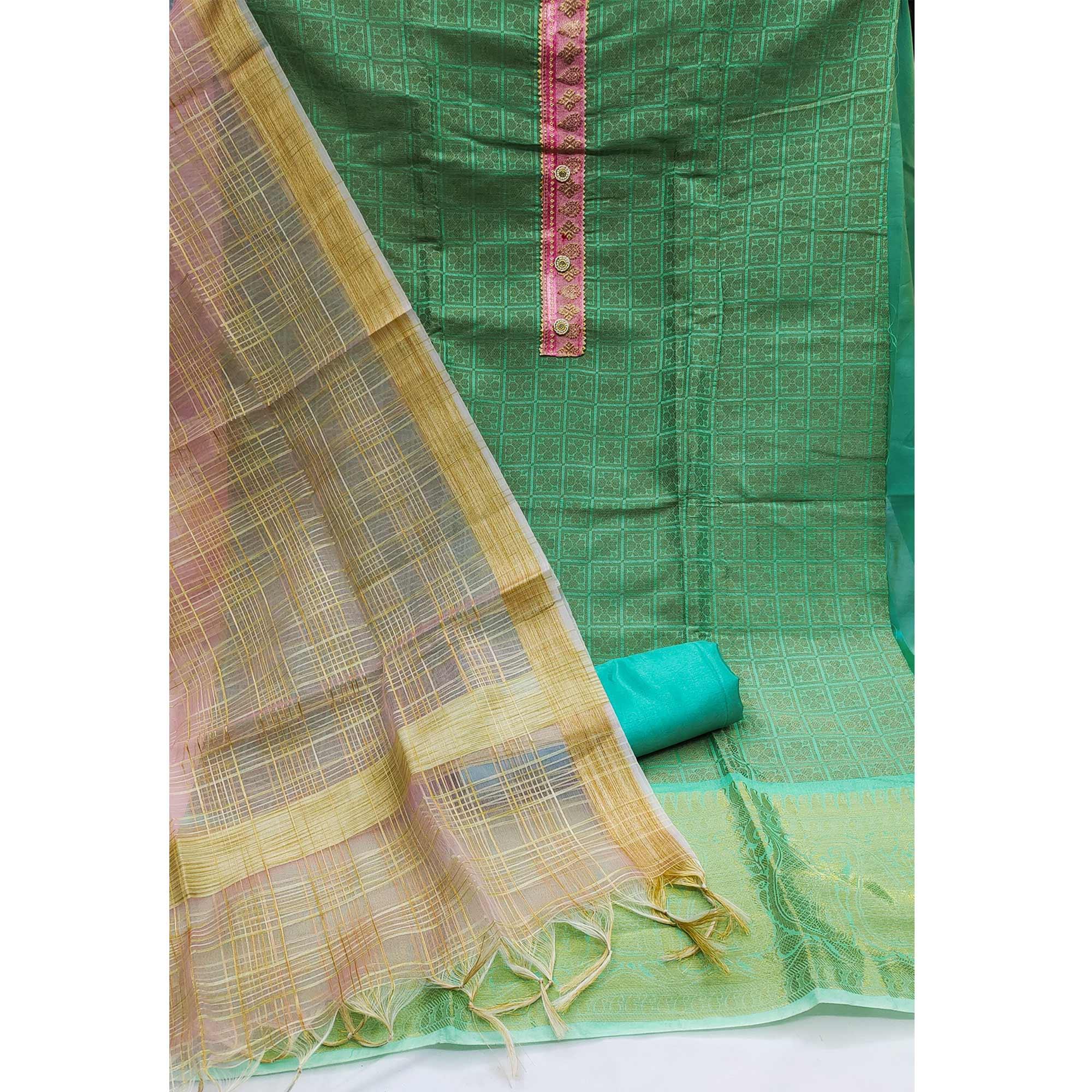 Green Festive Wear Floral Woven Banarasi Silk Jacquard Dress Material - Peachmode