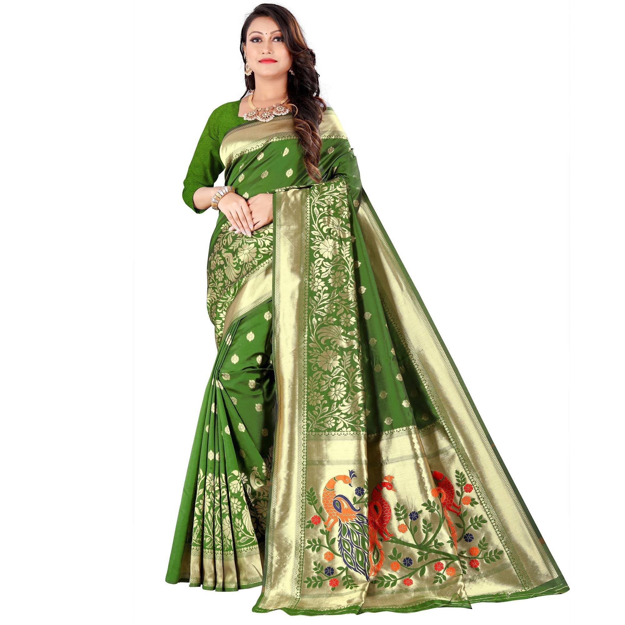 Green Festive Wear Floral Woven Banarasi Silk Saree - Peachmode