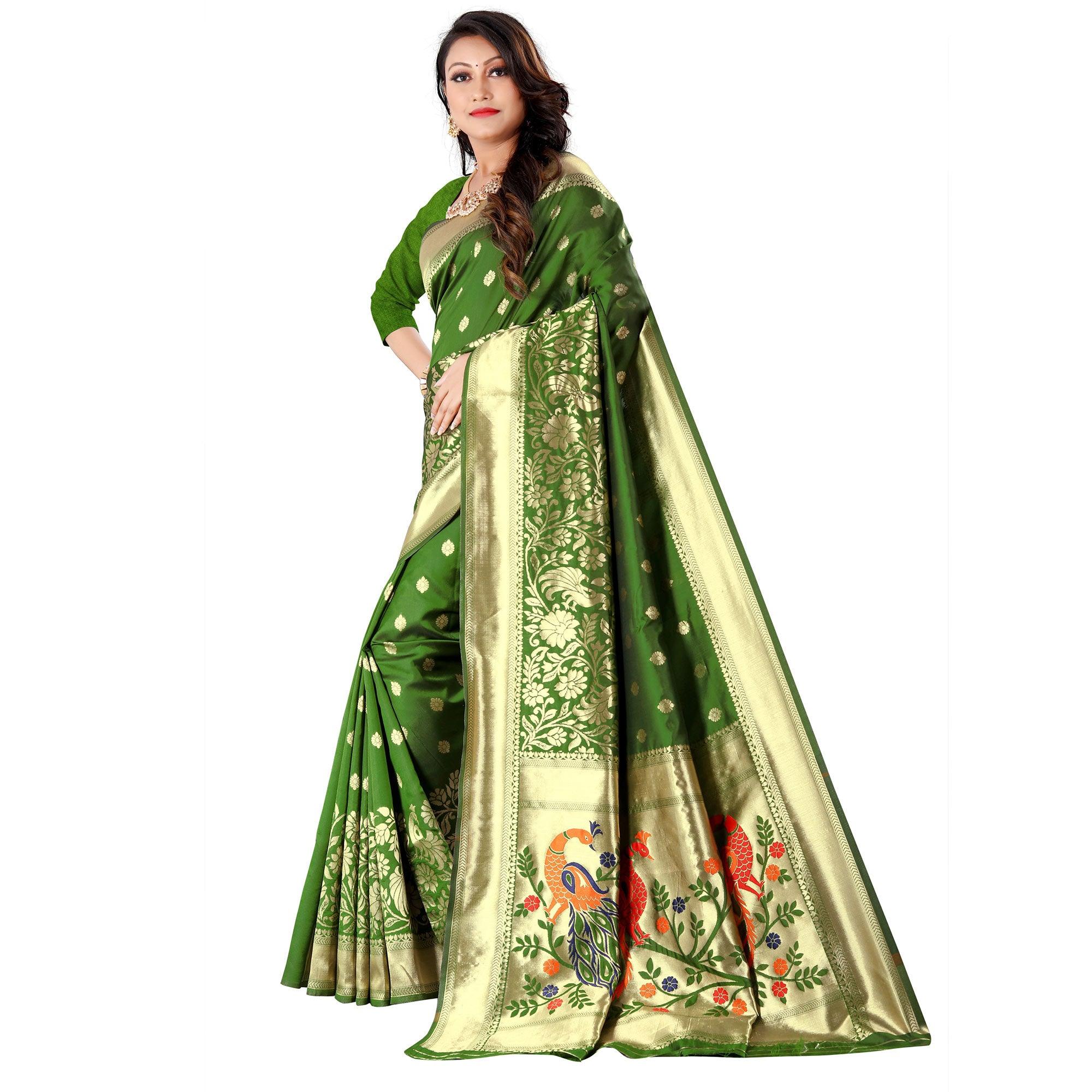 Green Festive Wear Floral Woven Banarasi Silk Saree - Peachmode