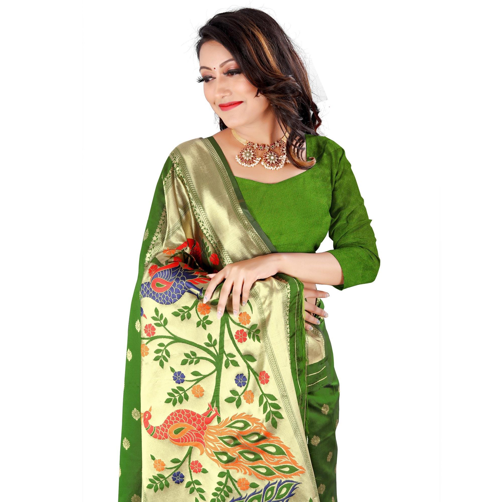 Green Festive Wear Floral Woven Banarasi Silk Saree - Peachmode