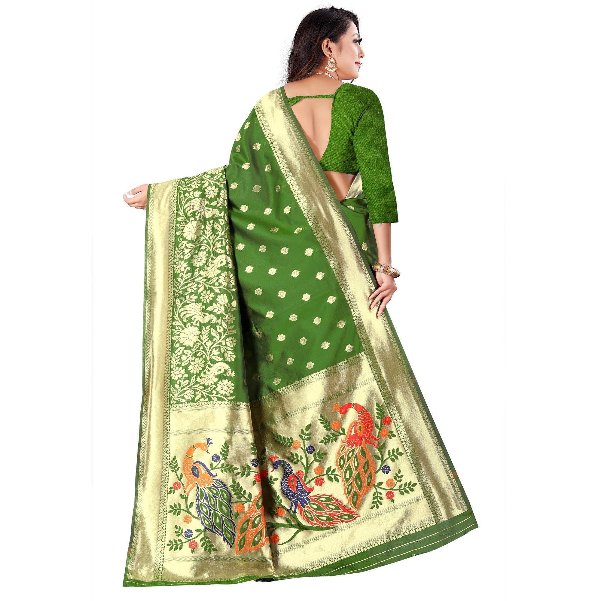 Green Festive Wear Floral Woven Banarasi Silk Saree - Peachmode