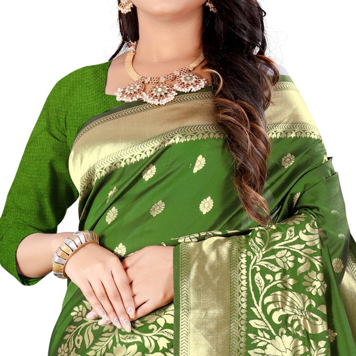 Green Festive Wear Floral Woven Banarasi Silk Saree - Peachmode