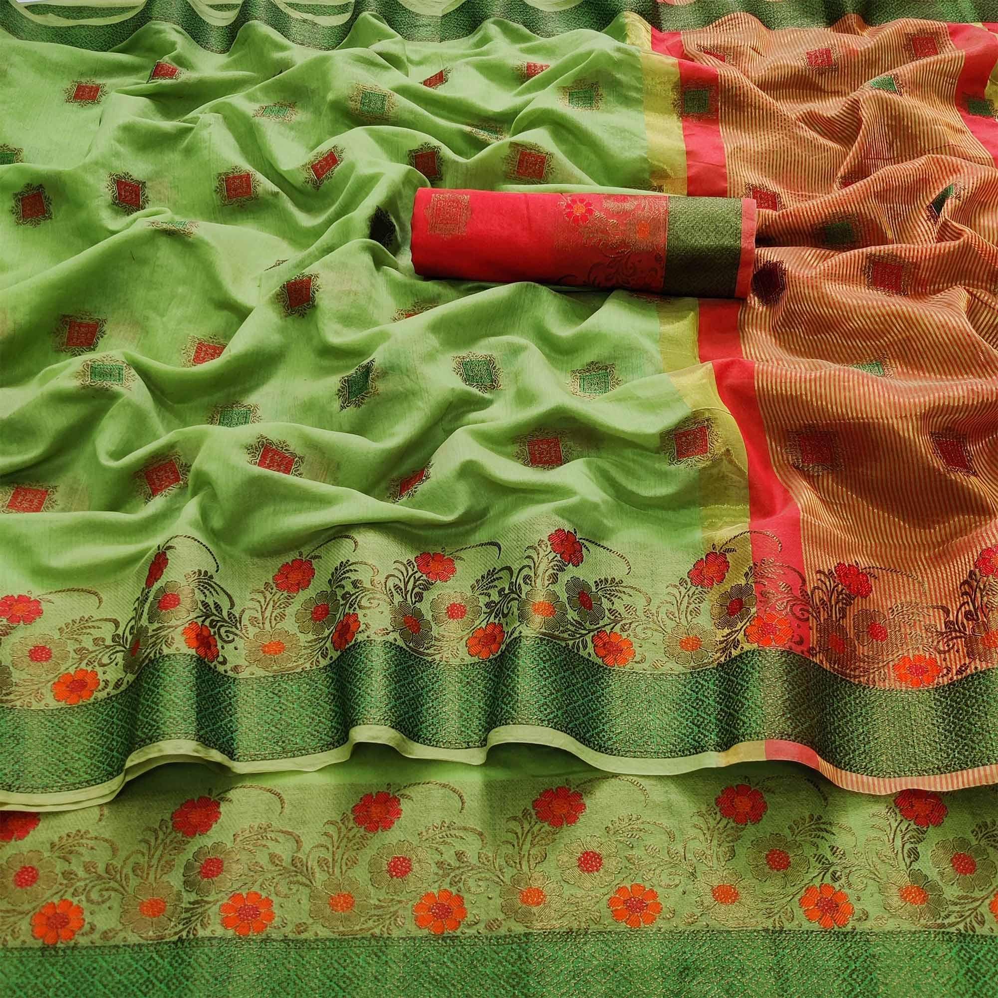 Green Festive Wear Floral Woven Border With Butta Work Cotton Saree - Peachmode