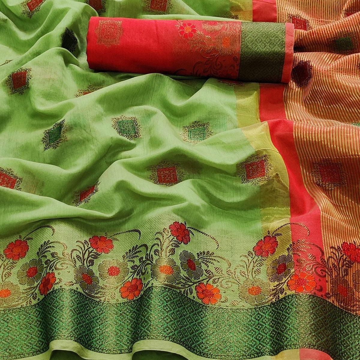 Green Festive Wear Floral Woven Border With Butta Work Cotton Saree - Peachmode