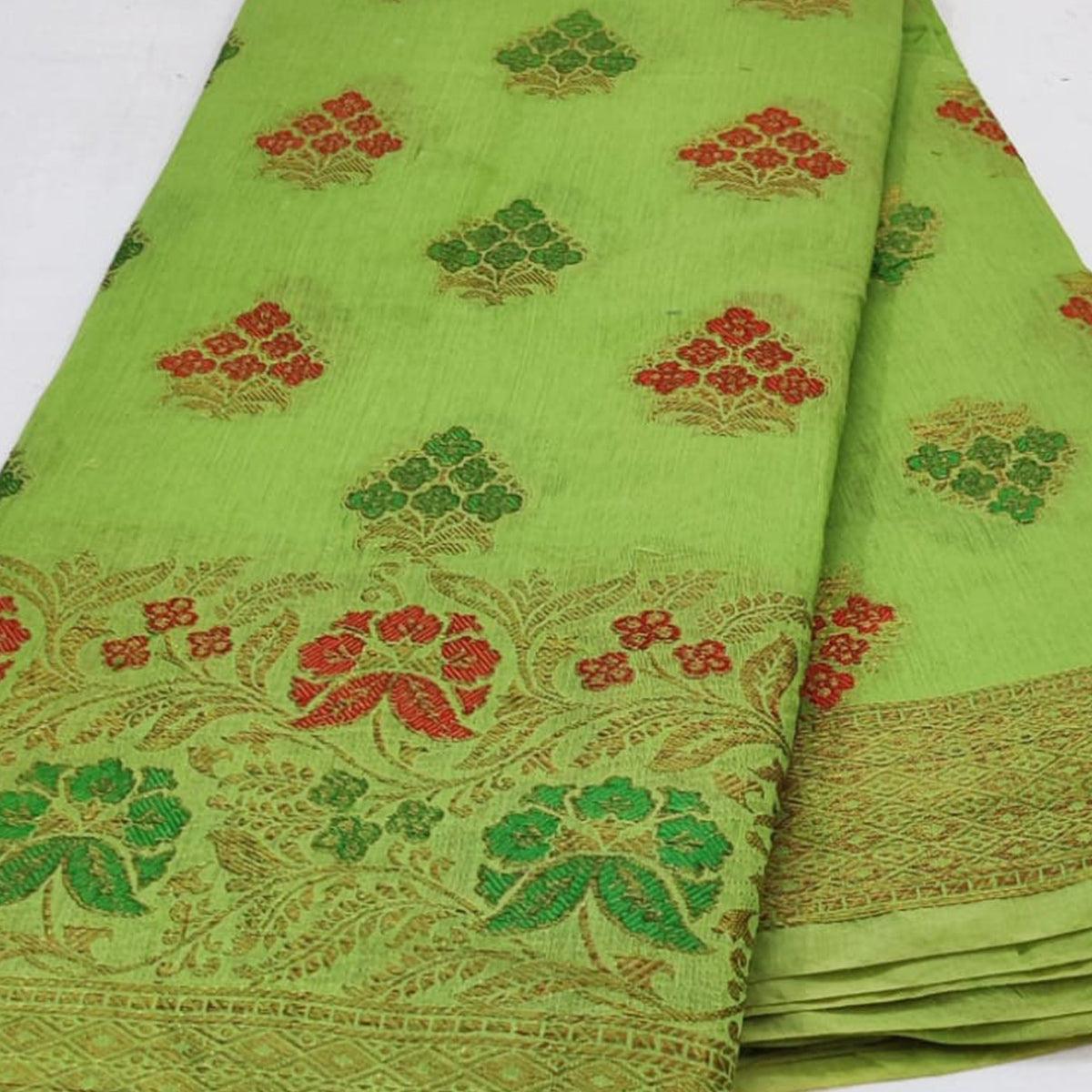 Green Festive Wear Floral Woven Cotton Saree With Meena Butta Pallu - Peachmode
